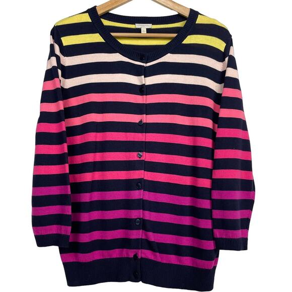 Talbots Striped Cardigan Size M Pink Yellow Navy Blue Button Down Twee Teacher - Picture 1 of 9